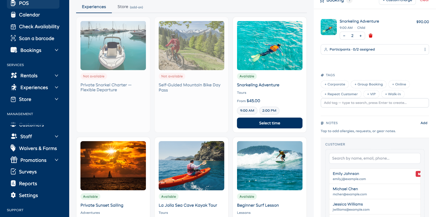 The customer search popup expanded inside the cart, showing matching customers and the quick-add fields below.