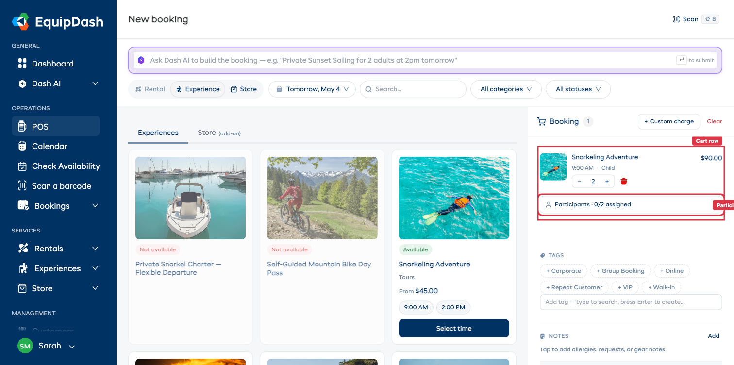 The cart with an experience added — Snorkeling Adventure, 9:00 AM · Child, $90.00, stepper at 2, and the Participants chevron showing "0/2 assigned".