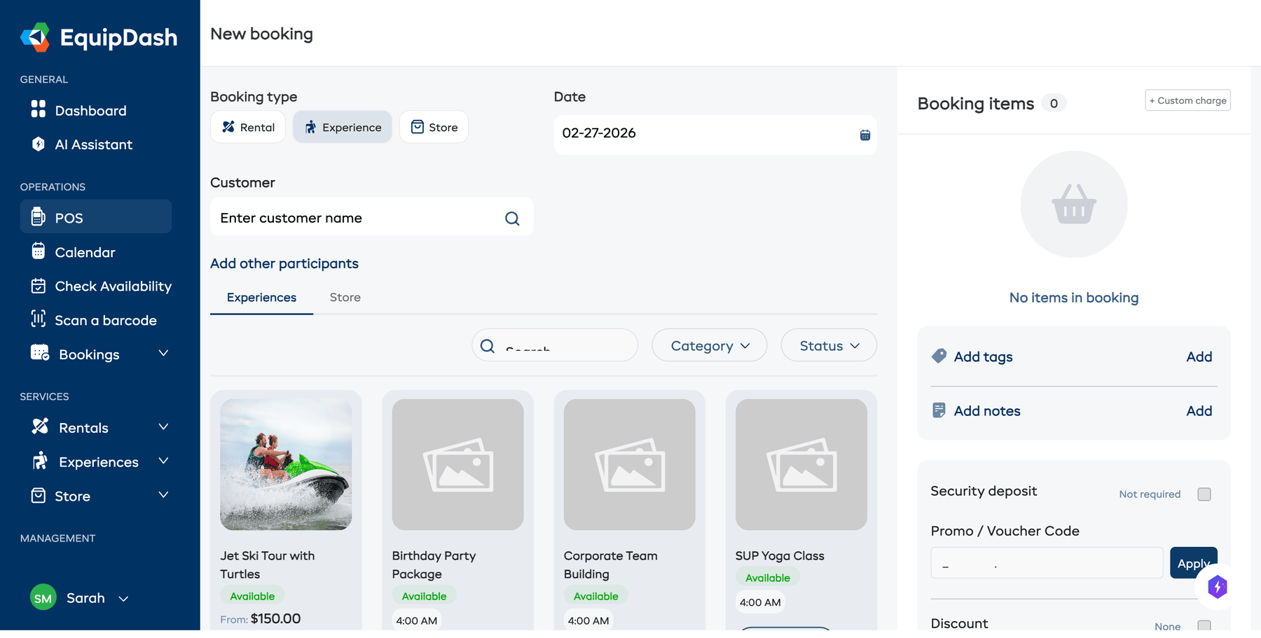 The POS page with Experience selected, showing a date picker, experience cards with availability and times, and the Booking items panel