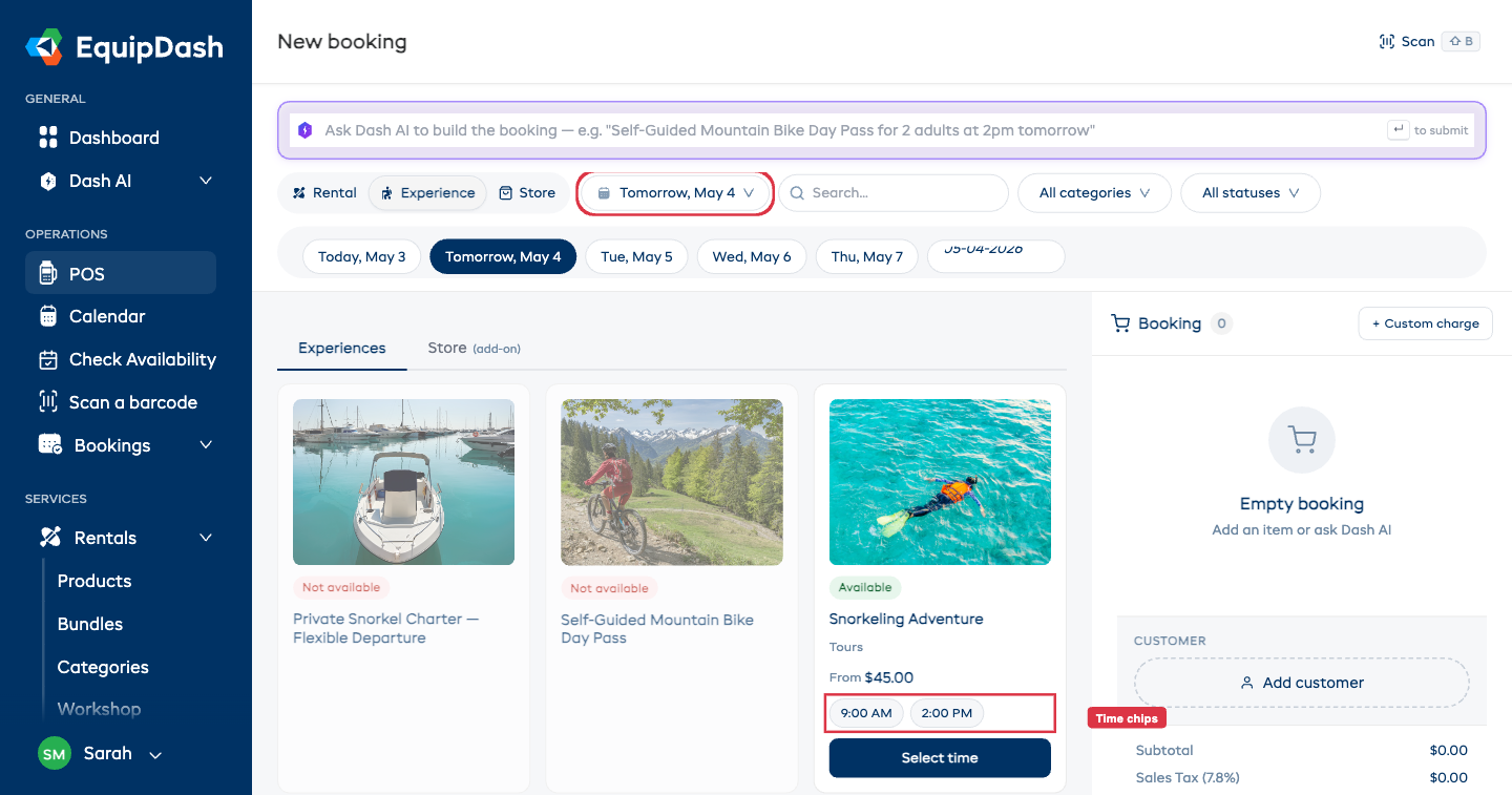 The Experience view showing the date dropdown ("Today, May 1"), Experiences sub-tab, and a grid of experience cards with availability badges and time chips.