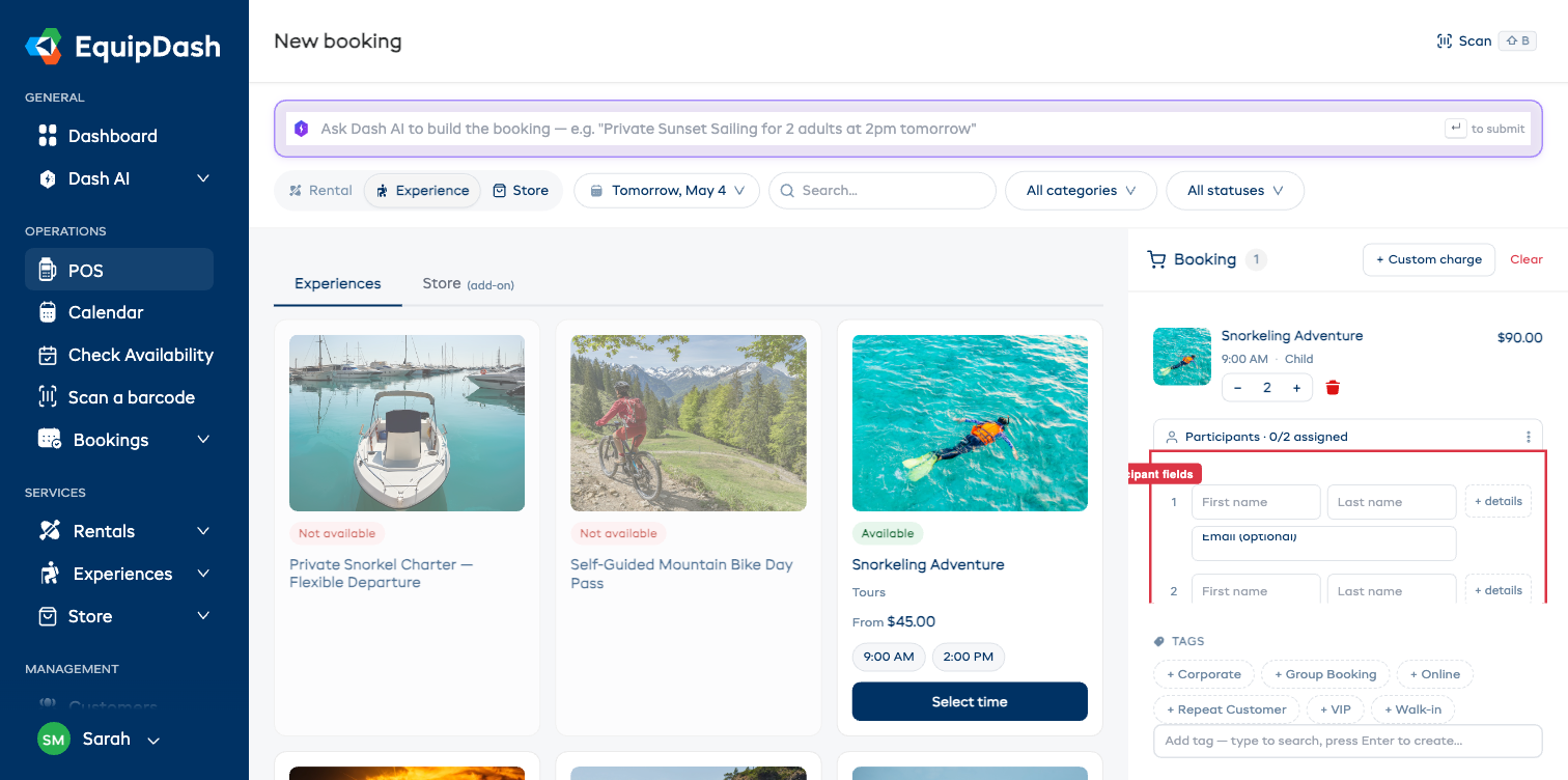 The expanded participant editor inside the cart with one row per seat.