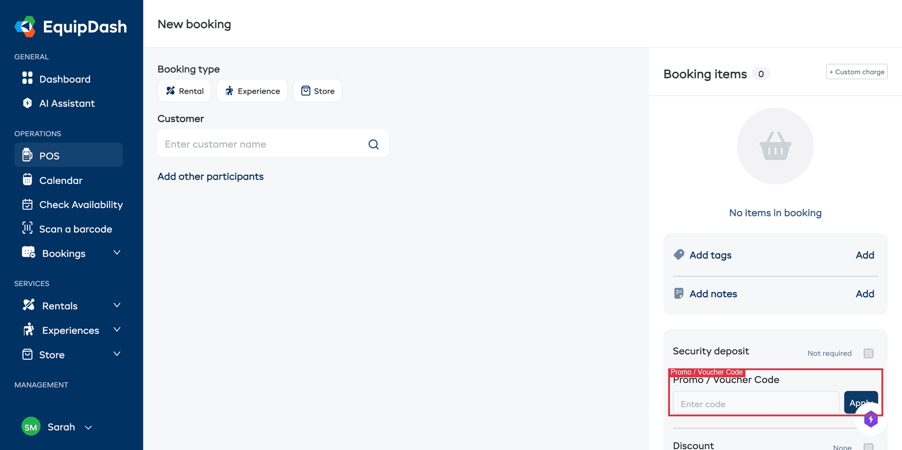 The promo code field in the POS booking with a code entered and the Apply button