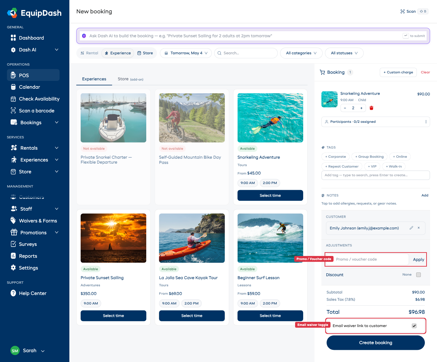 The bottom of the cart showing the promo / voucher field, discount toggle, totals, and the "Email waiver link to customer" toggle.