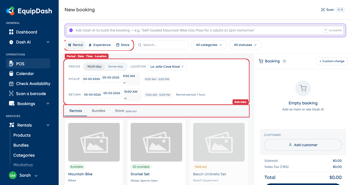 The Rental view showing the booking-type pills, search and filters, the period / date / time / location strip, the Rentals / Bundles / Store add-on sub-tabs, and a grid of product cards with availability badges and prices.