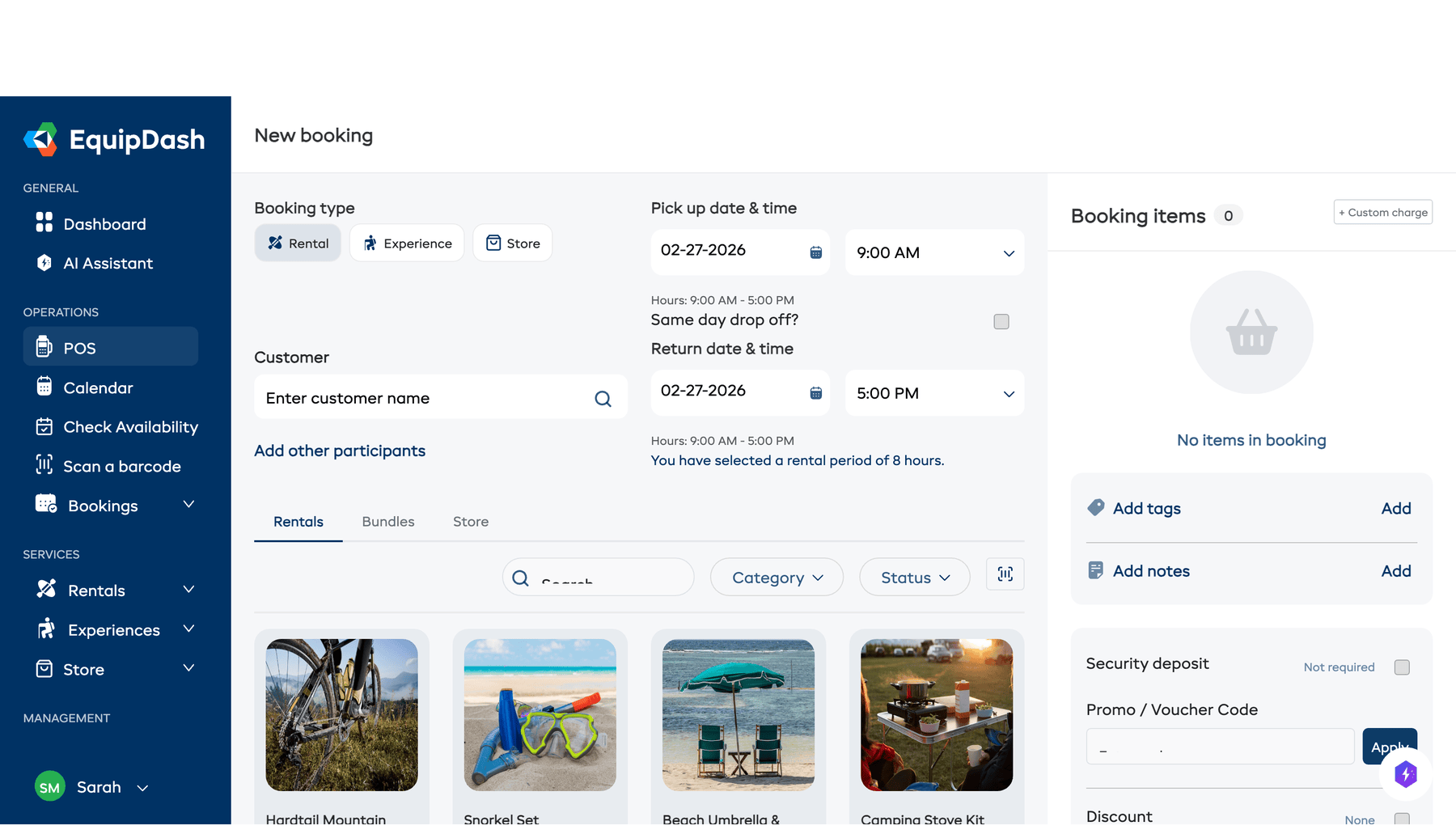The POS page with Rental selected, showing date pickers, product tabs, and a grid of available rental products with prices and Add buttons