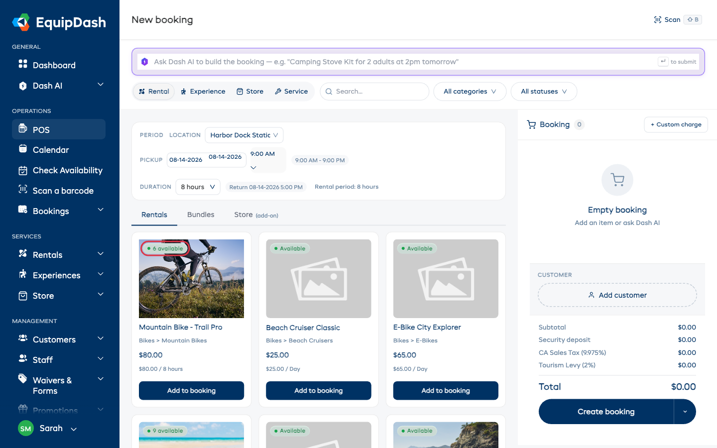 The Rental view showing the booking-type pills, search and filters, the period / date / time / location strip, the Rentals / Bundles / Store add-on sub-tabs, and a grid of product cards. The first card's availability count for the selected dates — "6 available" — is outlined in red.