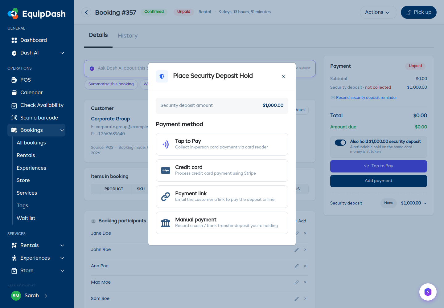 The Place Security Deposit Hold modal showing the deposit amount and payment method options.