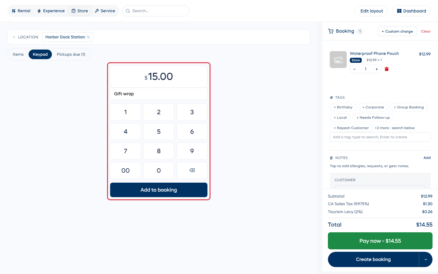 The keypad with 15.00 entered and a label, outlined in red.