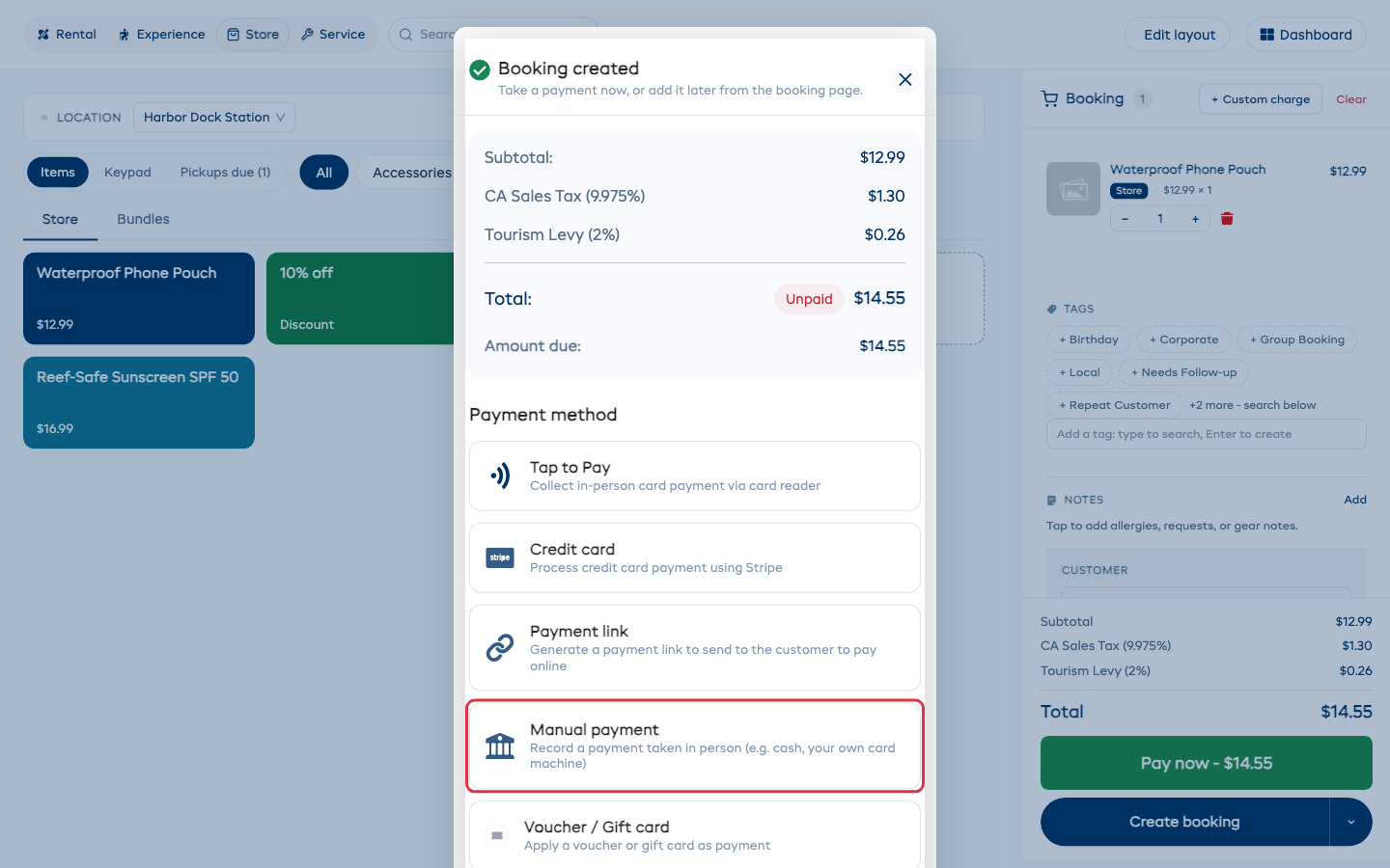 The payment step after Pay now, listing every payment method. Manual payment is outlined in red.