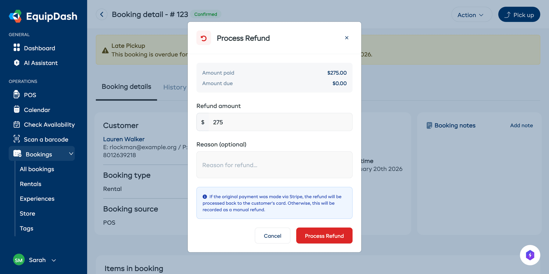 The Process Refund modal showing the refund amount, reason field, and action buttons
