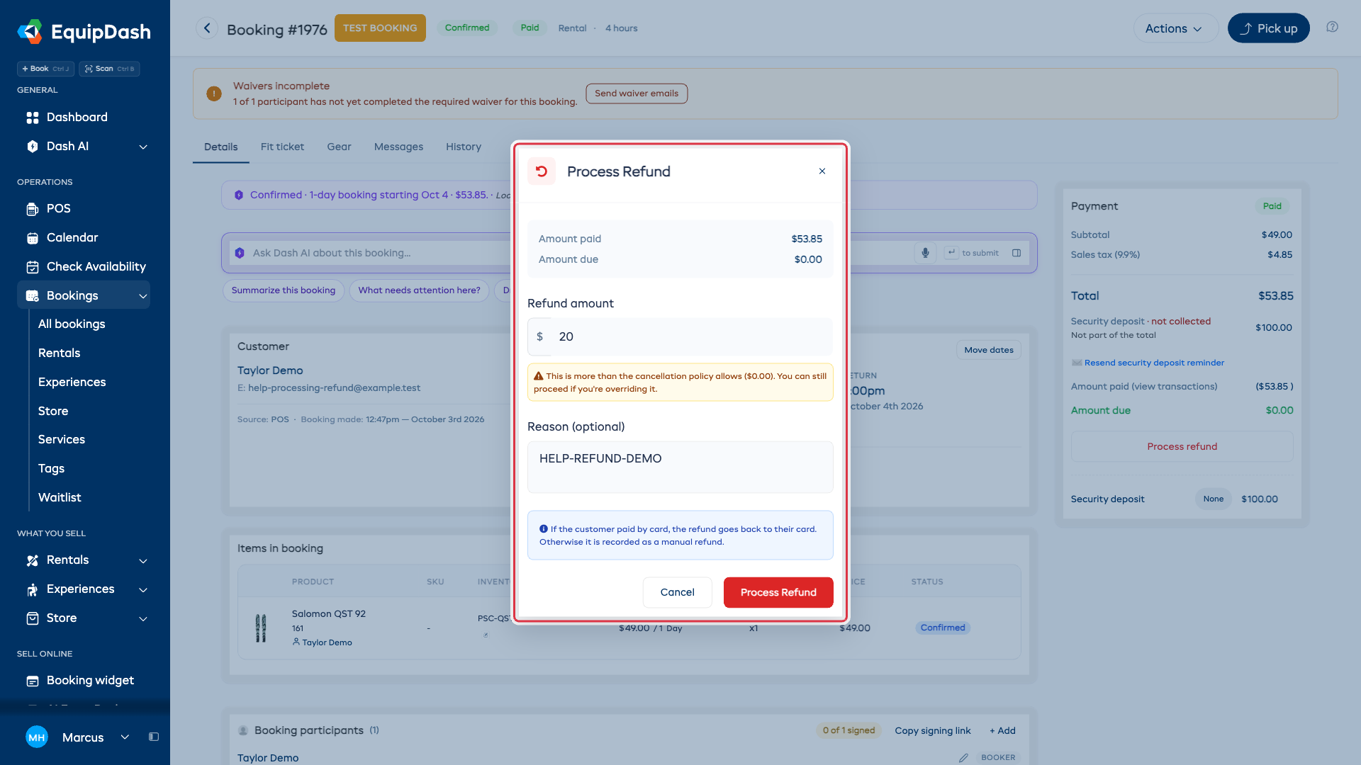 The Process Refund modal showing the refund amount, reason field, and action buttons