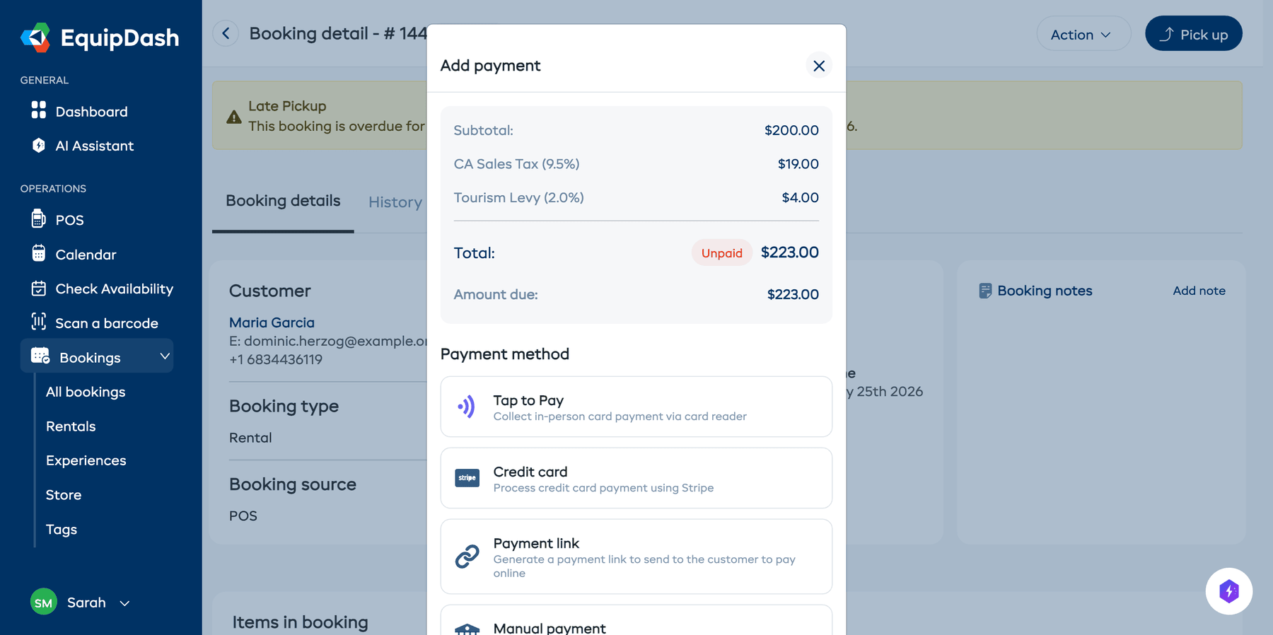 The payment modal showing payment method options including Card, Payment Link, Manual Payment, and Voucher