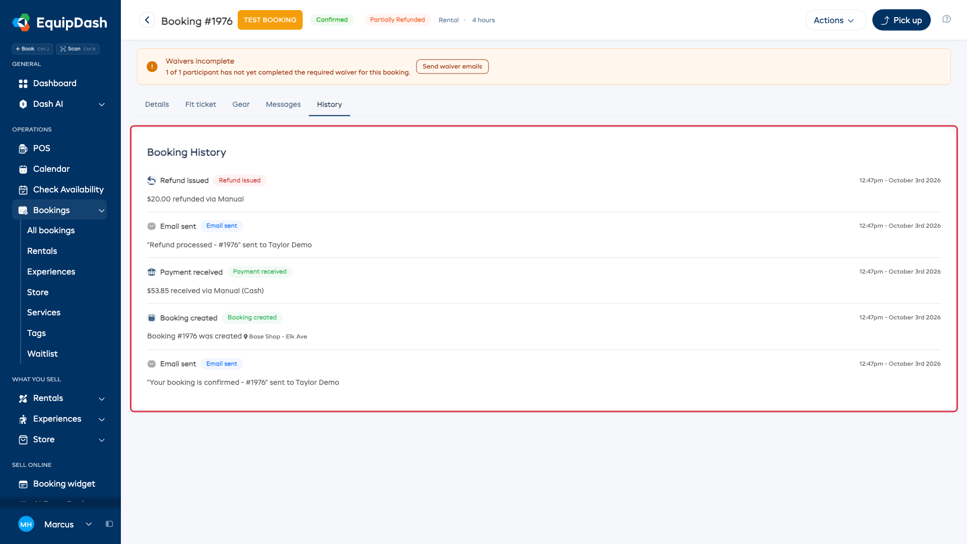 The booking History tab showing a cash payment and a separate partial refund