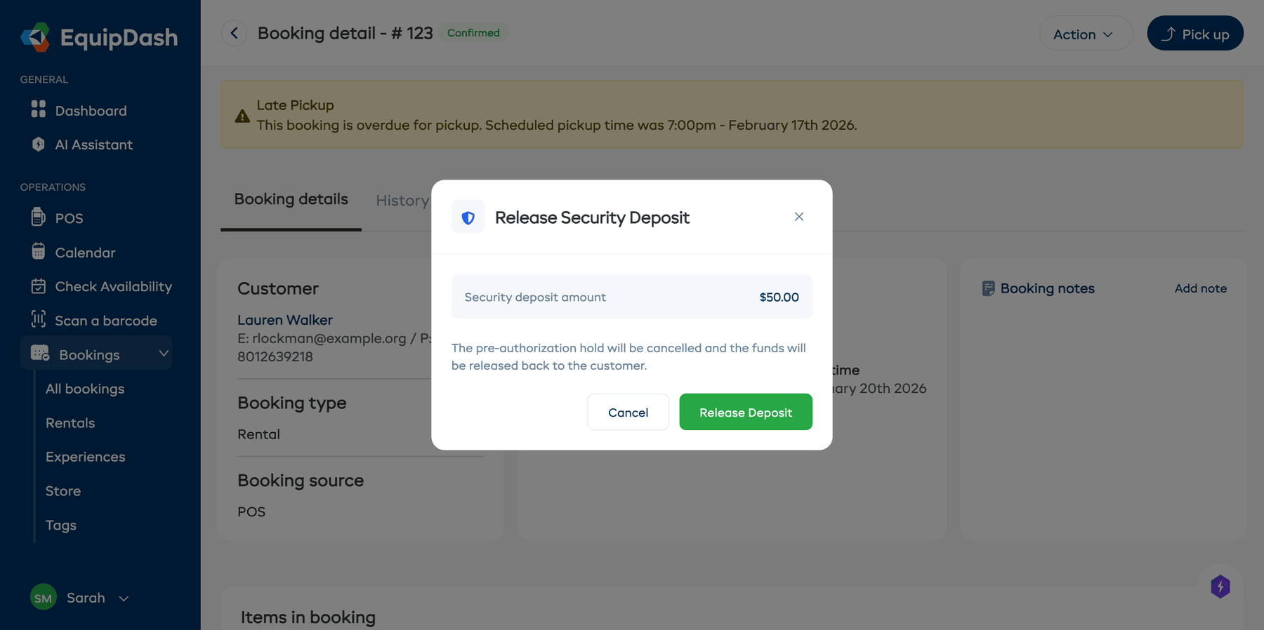 The Release Security Deposit modal showing the deposit amount and a Release Deposit button.