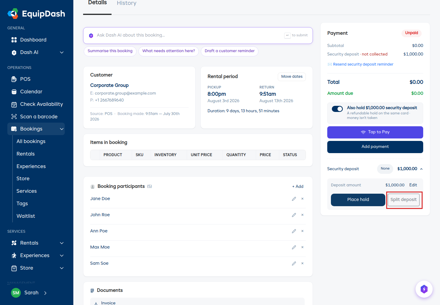 The Security deposit row expanded on a booking, with the Split deposit button highlighted.