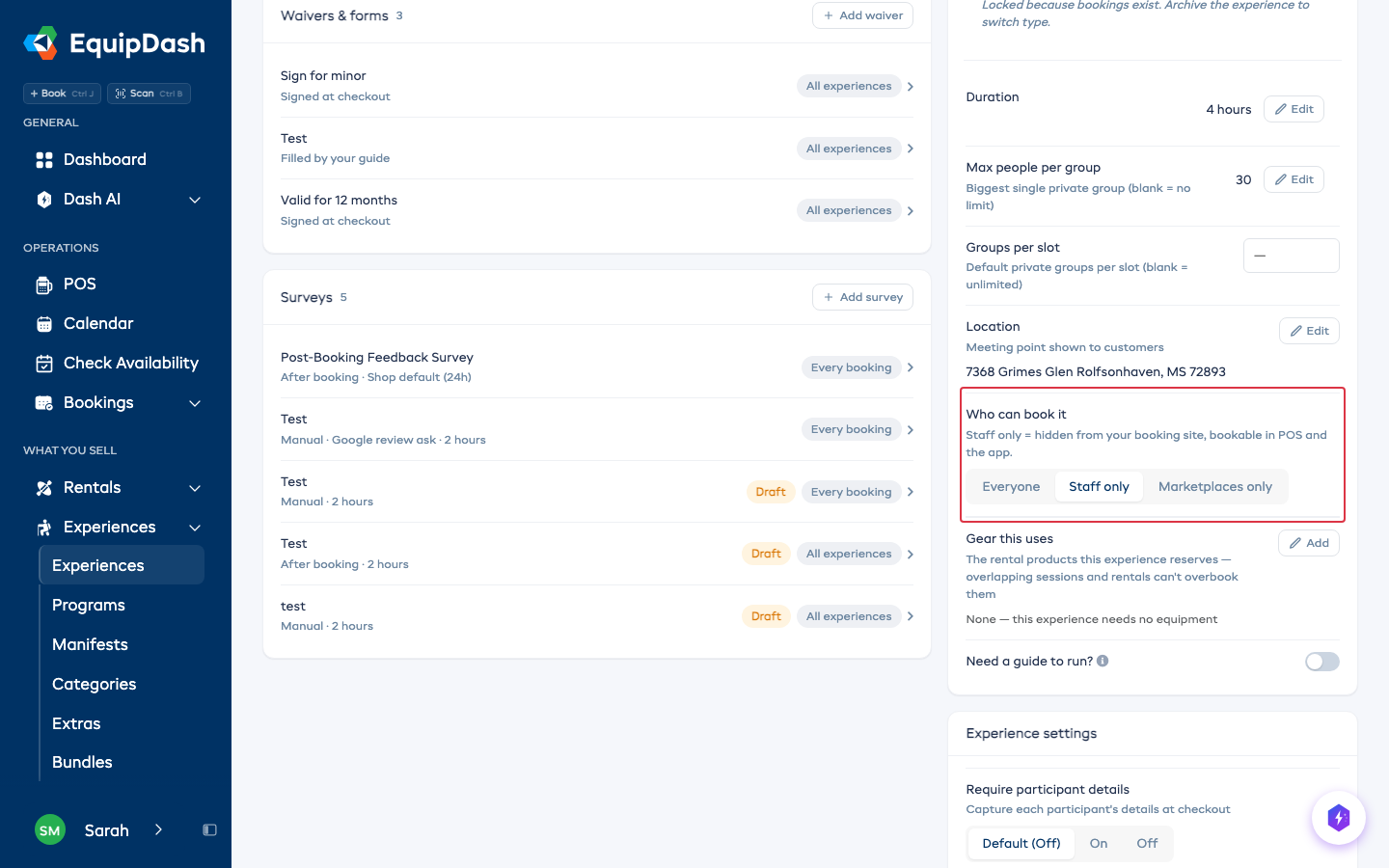 Who can book it on an experience's Details tab, set to Staff only