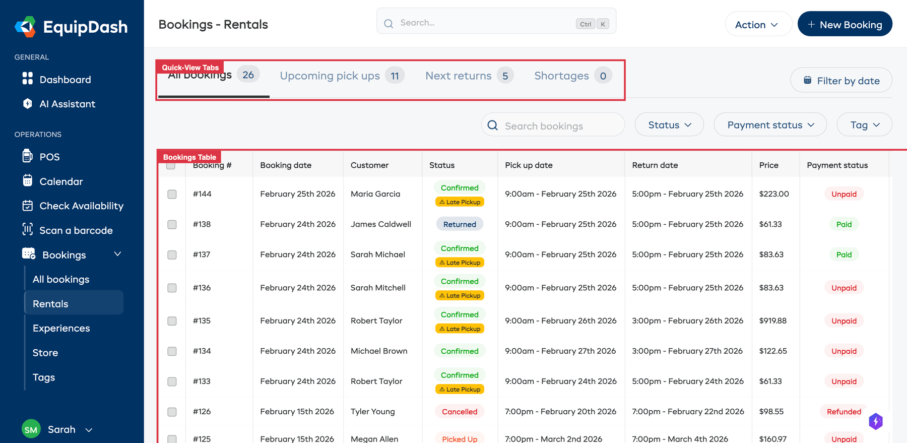 The bookings table with several bookings listed, column headers visible, and a mix of statuses.