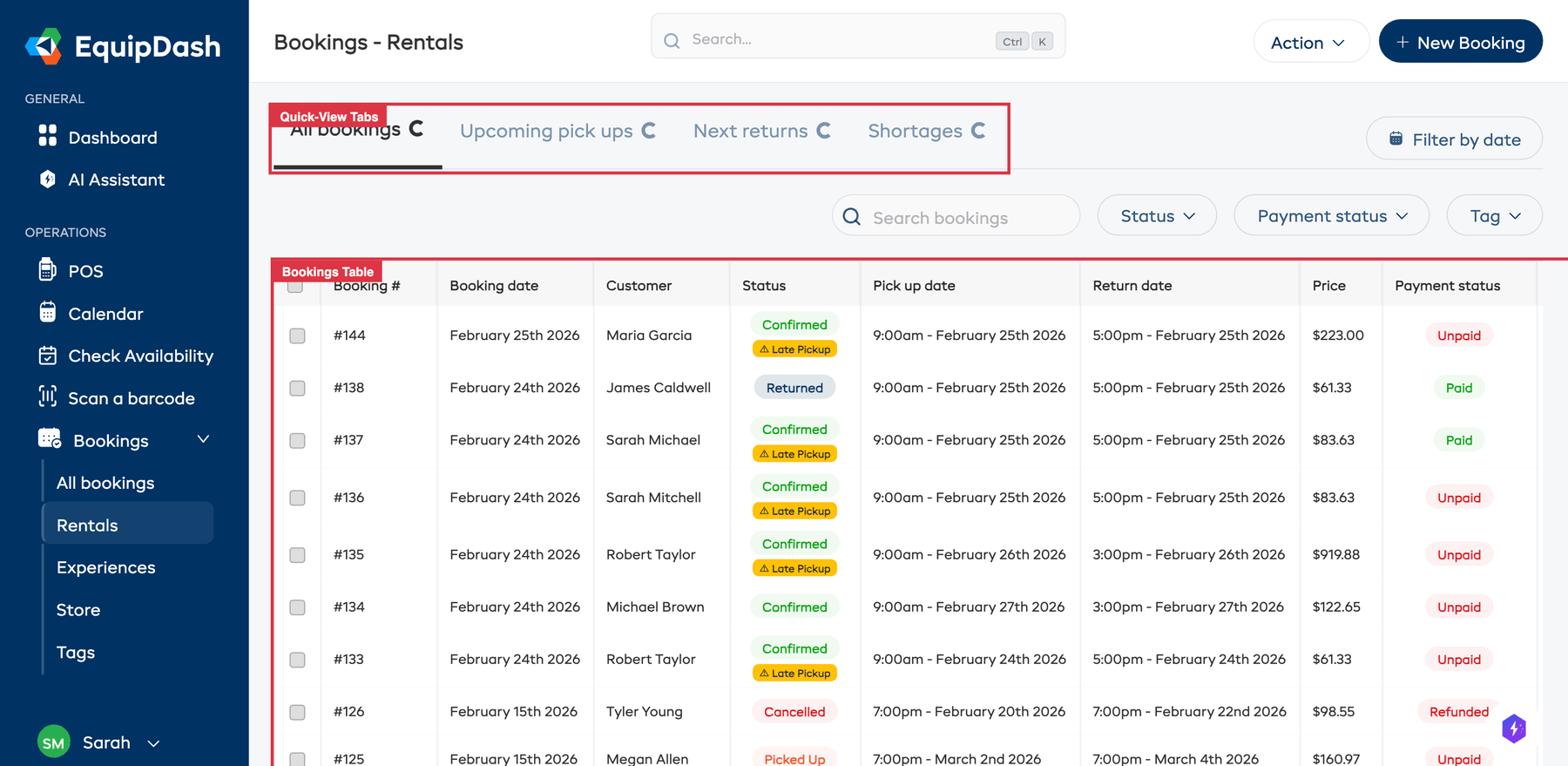 The bookings table with a search term entered and filtered results displayed.