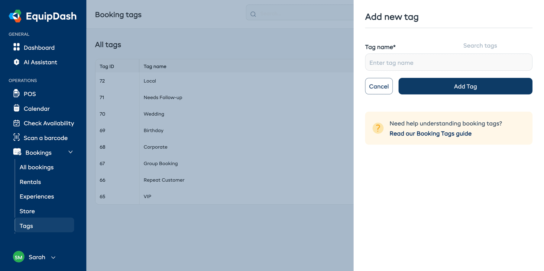 The Booking Tags page showing the tags list and the Add new tag sidebar panel.