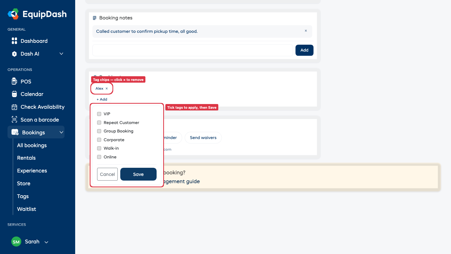 The Booking tags card on a booking detail page showing tag chips with the + Add popover open.