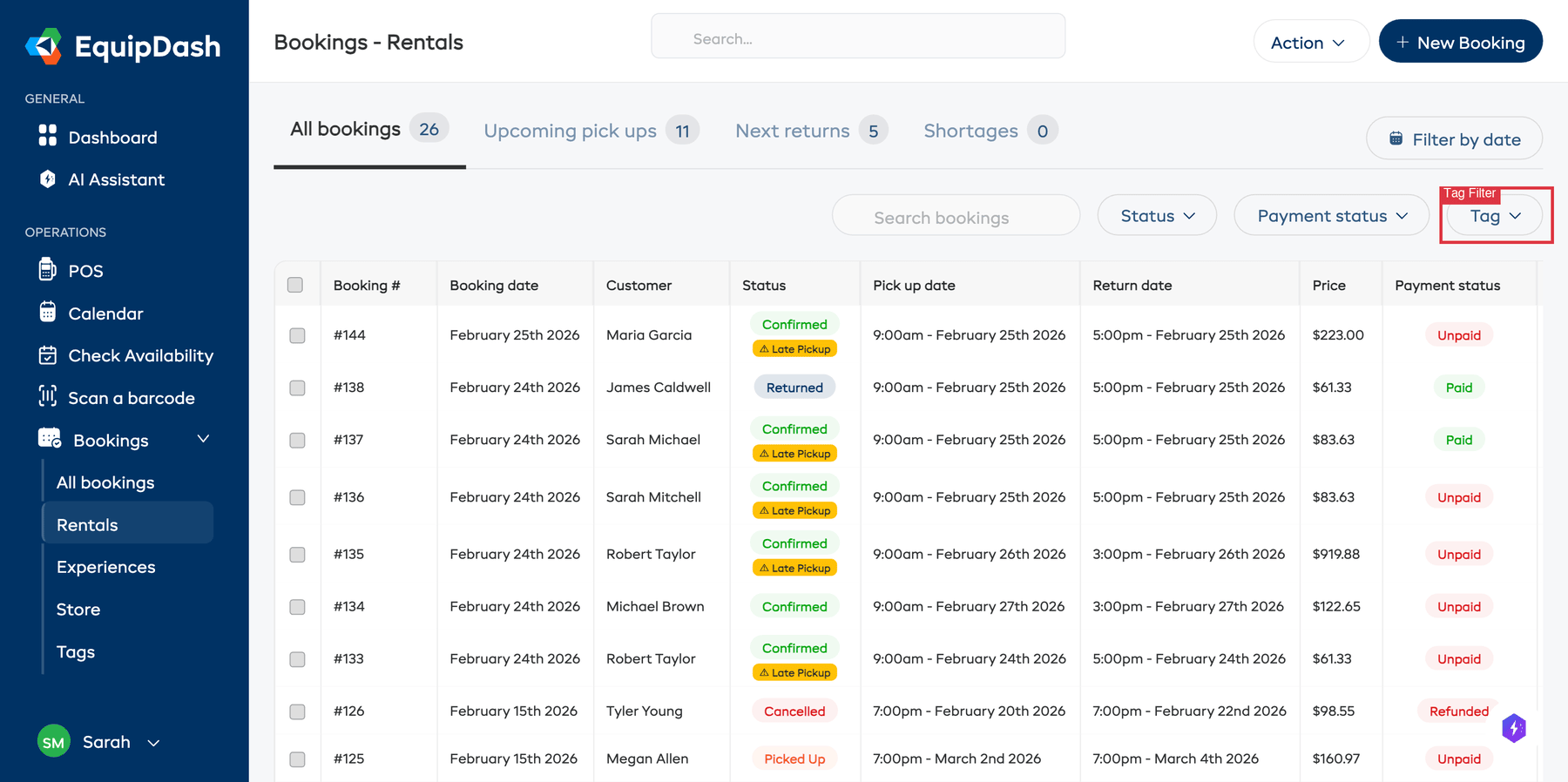 The bookings table with the Tag dropdown open, showing several tag options.