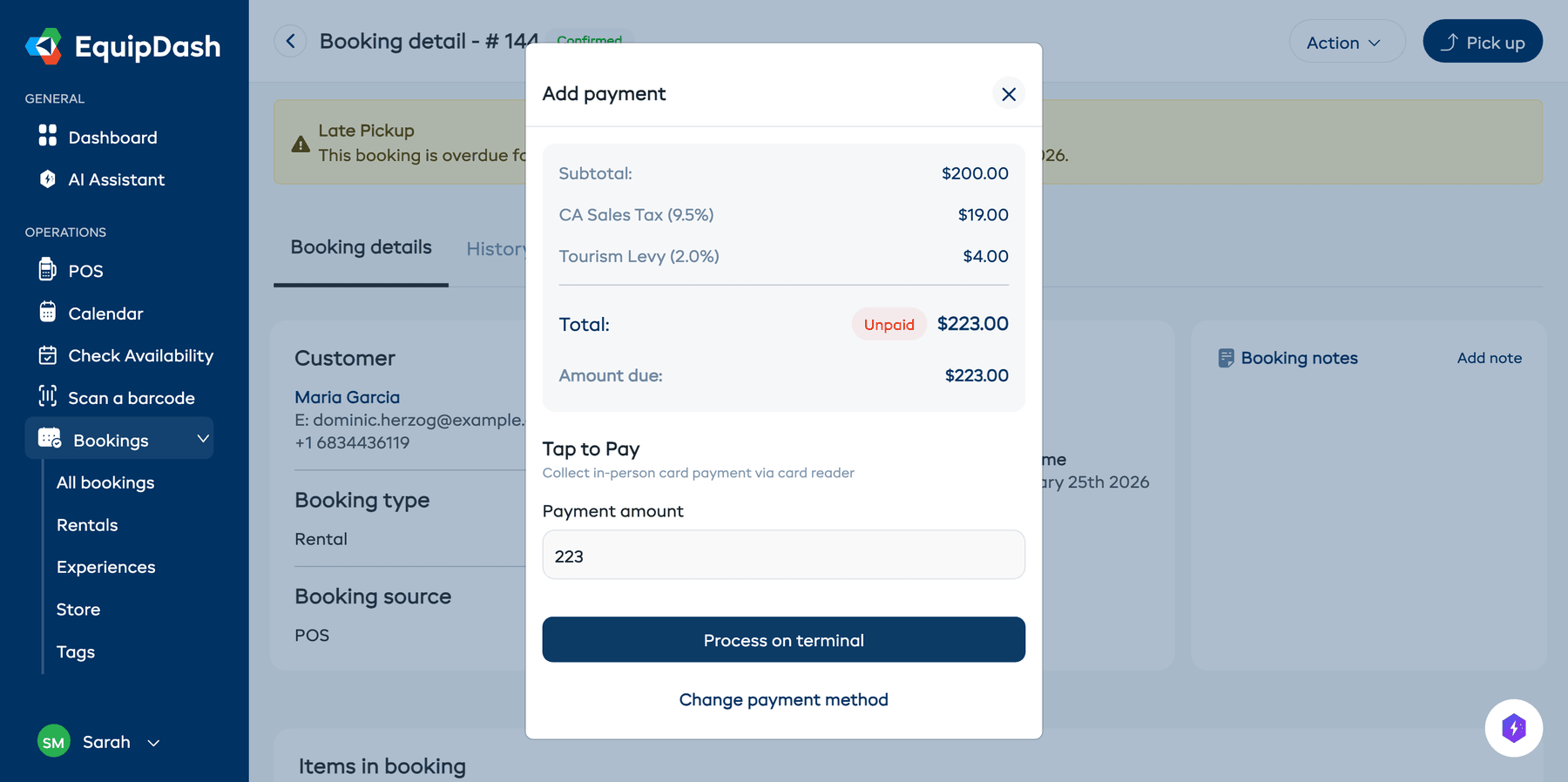 The Tap to Pay payment form with payment amount and Process on terminal button