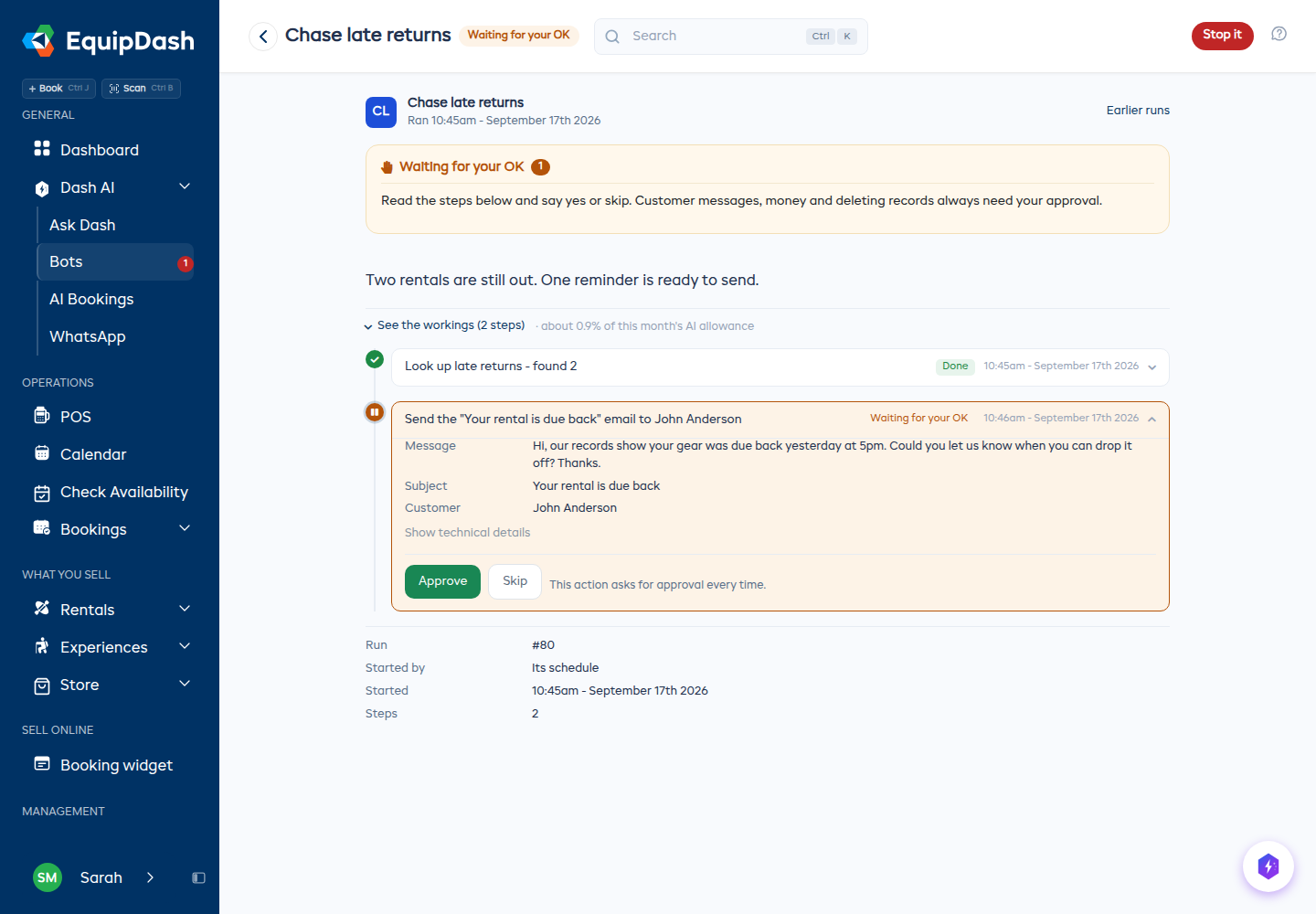 A waiting step opened up, showing the message Dash wrote and the Approve and Skip buttons