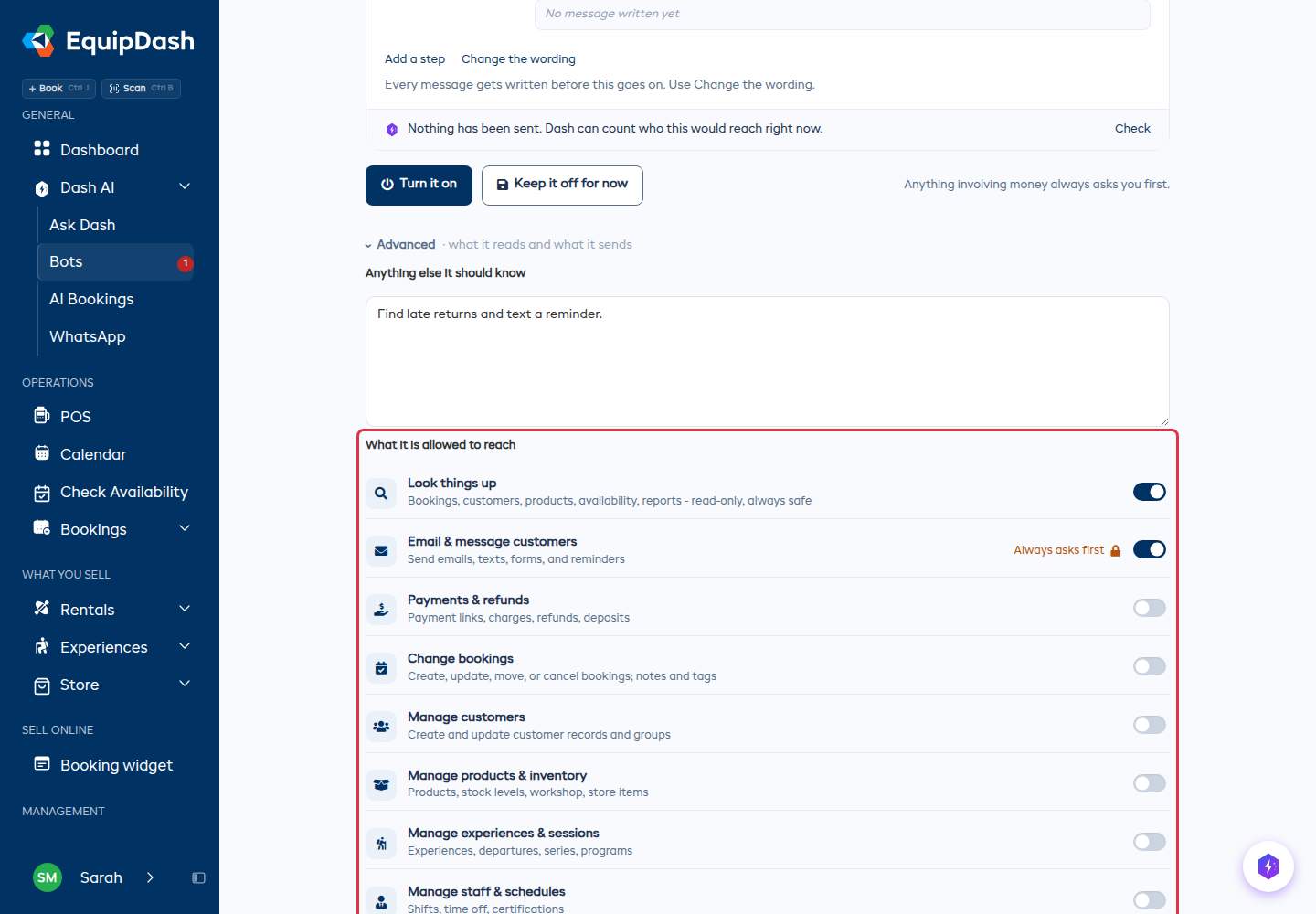 The Advanced section open, with one switch per area and Payments locked to always ask