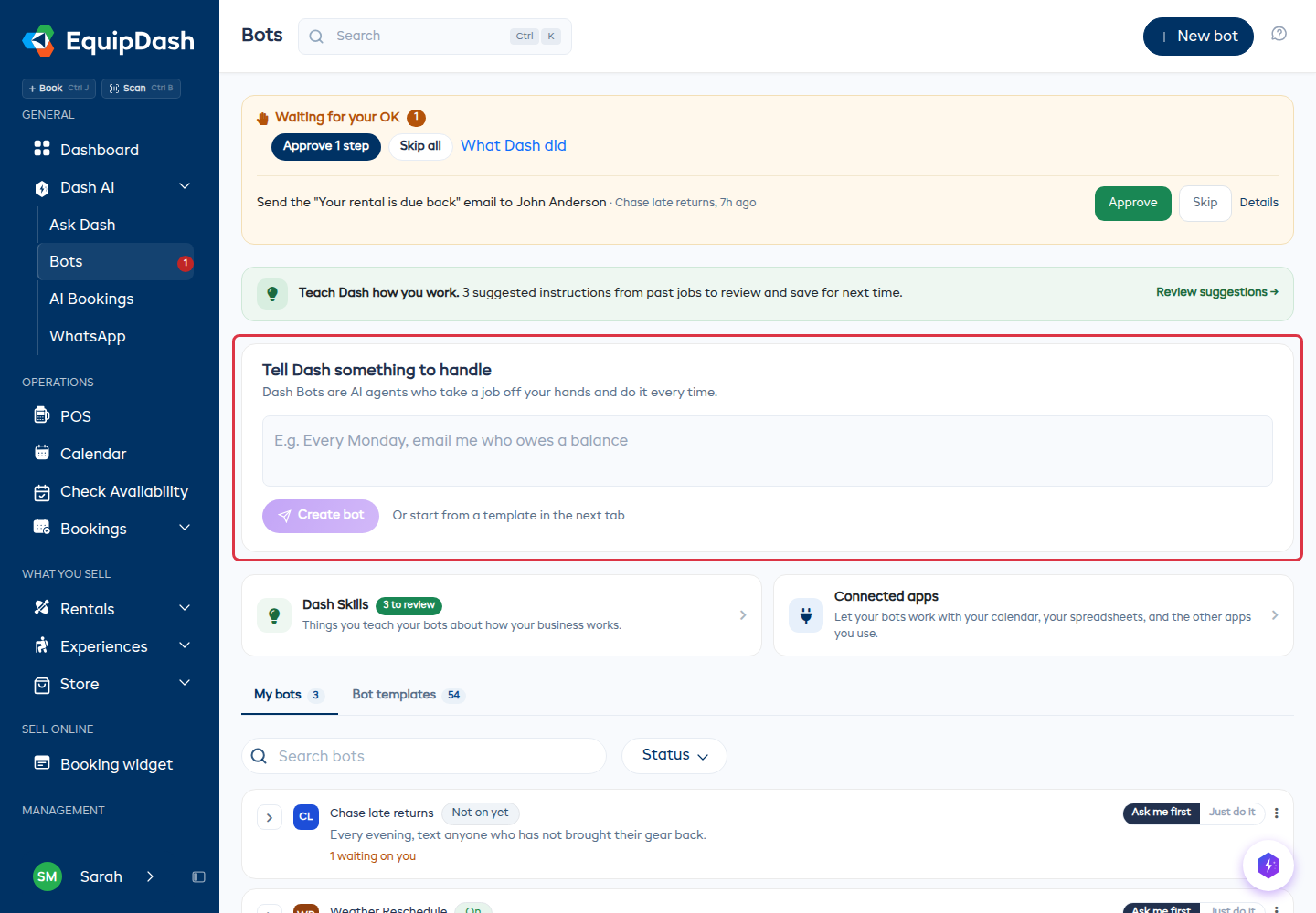 The Dash Bots page, with the box for telling Dash what to handle