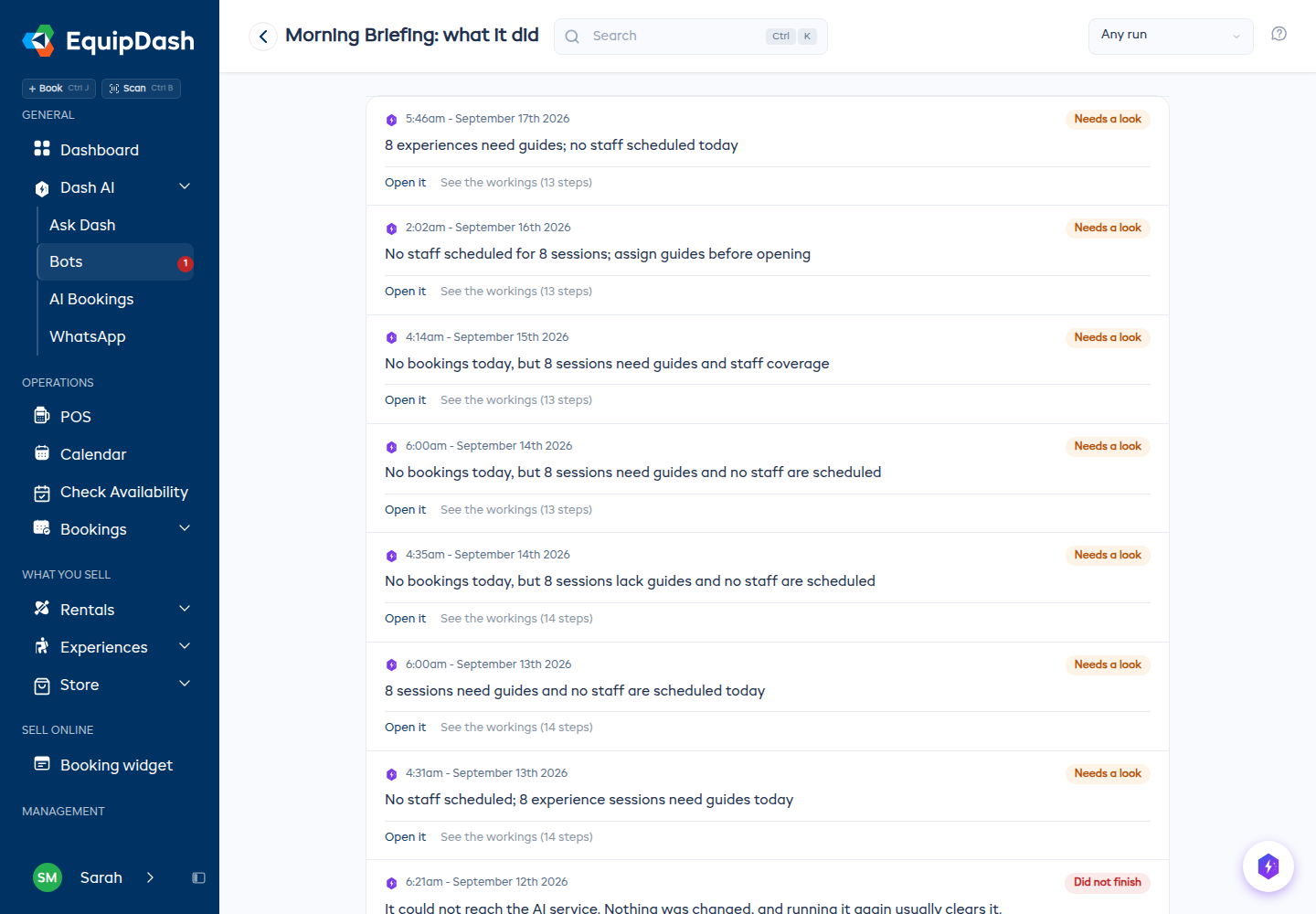 A bot's run history, one row per run with its status and what it found