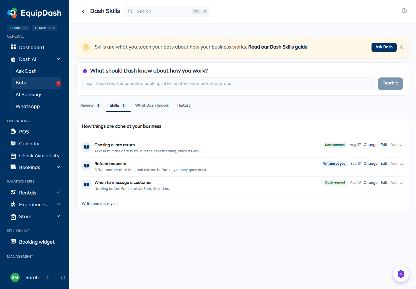 The Skills tab, listing each skill with a Dash learned or Written by you tag