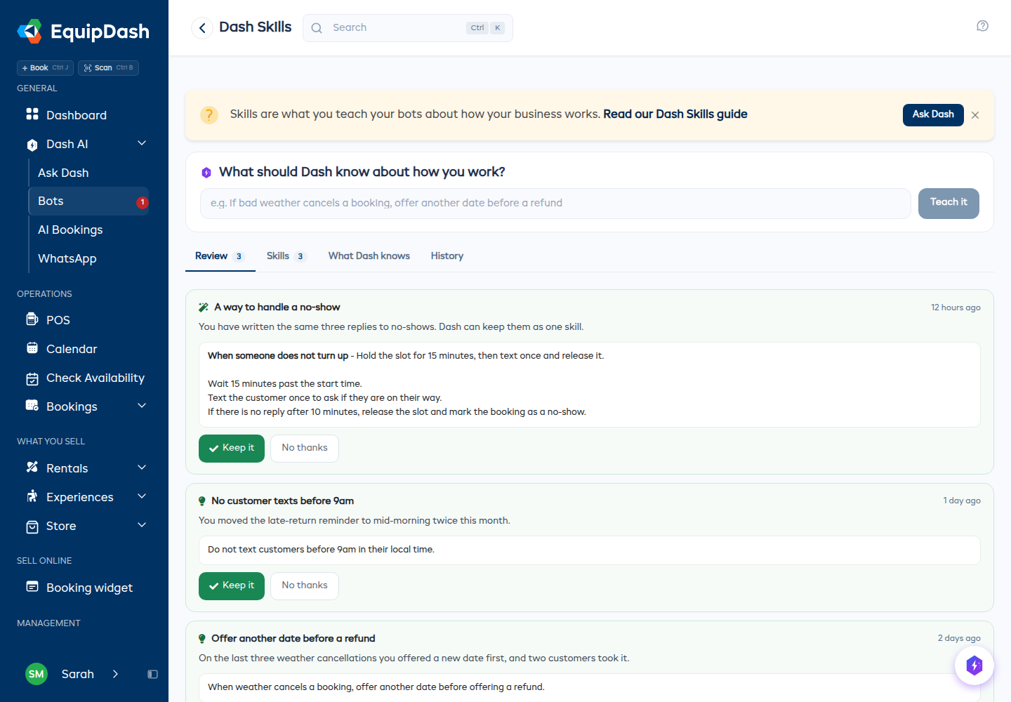 The Review tab, with each suggestion written in plain English and Keep it / No thanks buttons