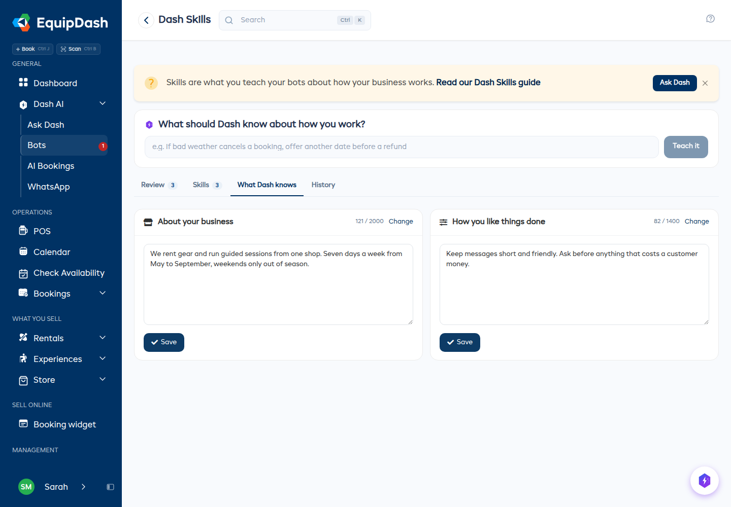 The What Dash knows tab, with the About your business and How you like things done cards
