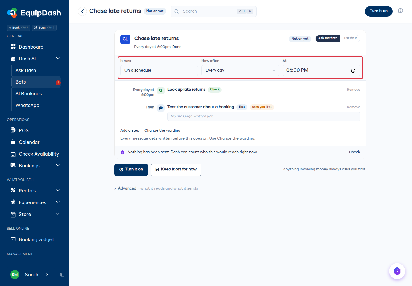 Change when open, showing It runs, How often and At