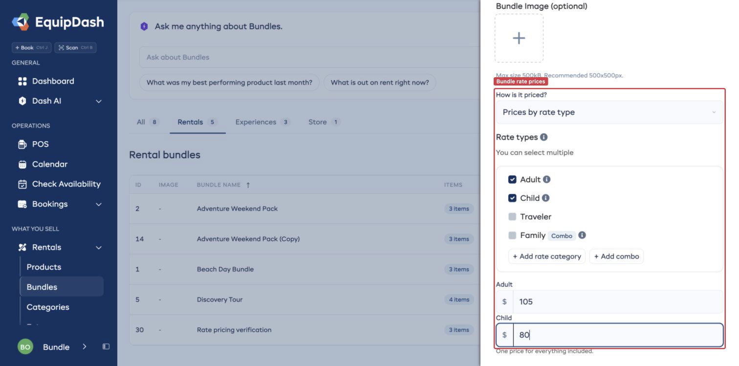The Add new bundle panel with Prices by rate type selected and separate Adult and Child prices.