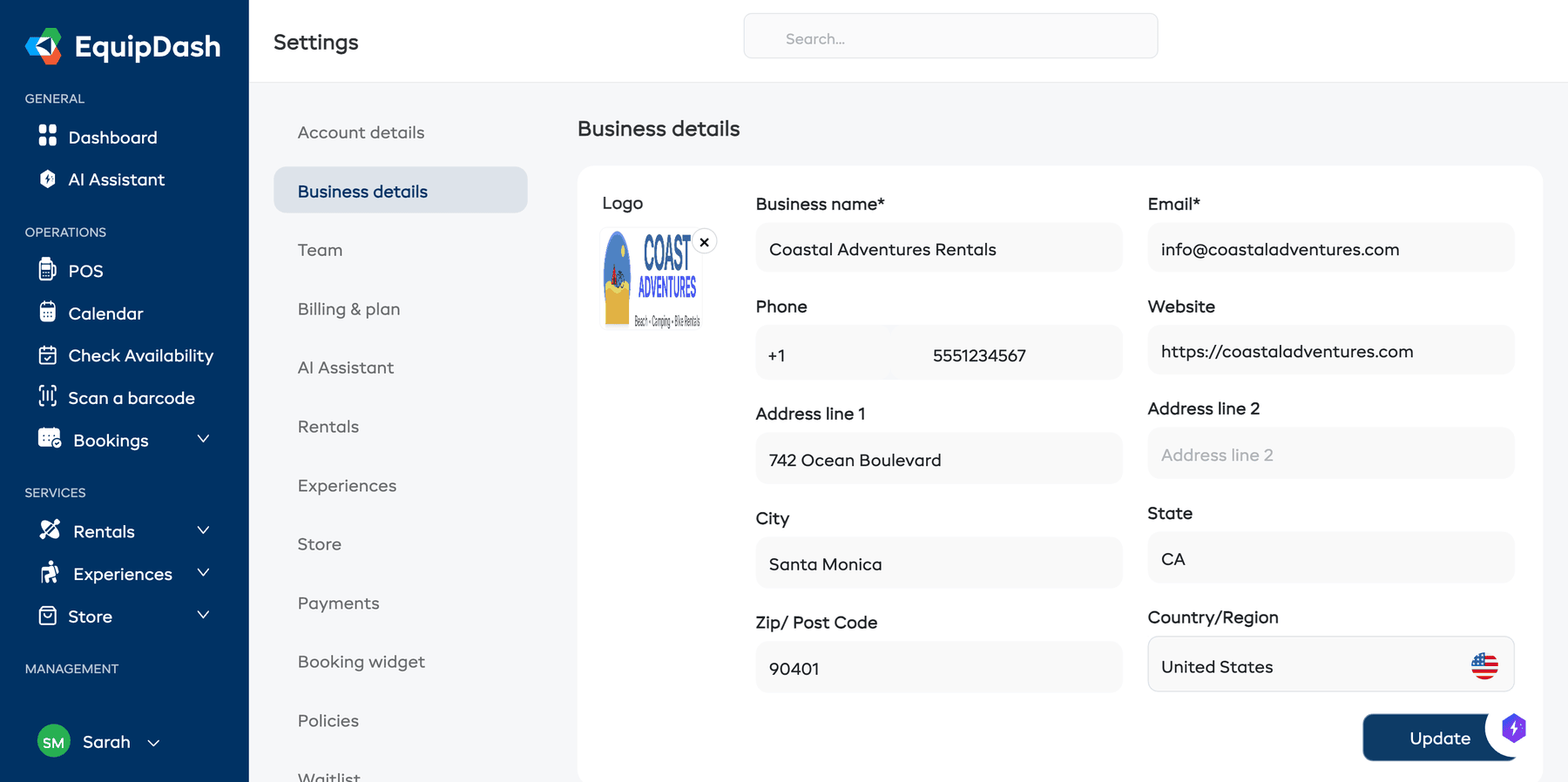 The Business Details form with all fields filled in (Business Name, Email, Phone, Website, Address)