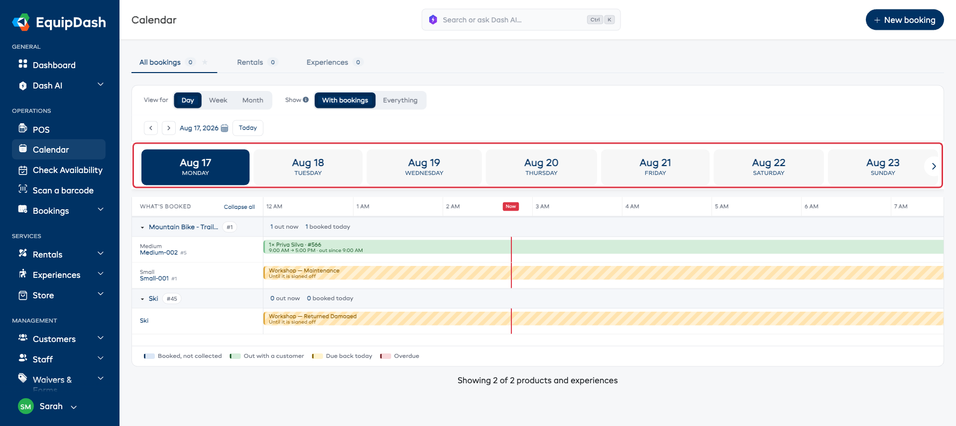 The All bookings tab in day view with the week strip boxed in red above the timeline.
