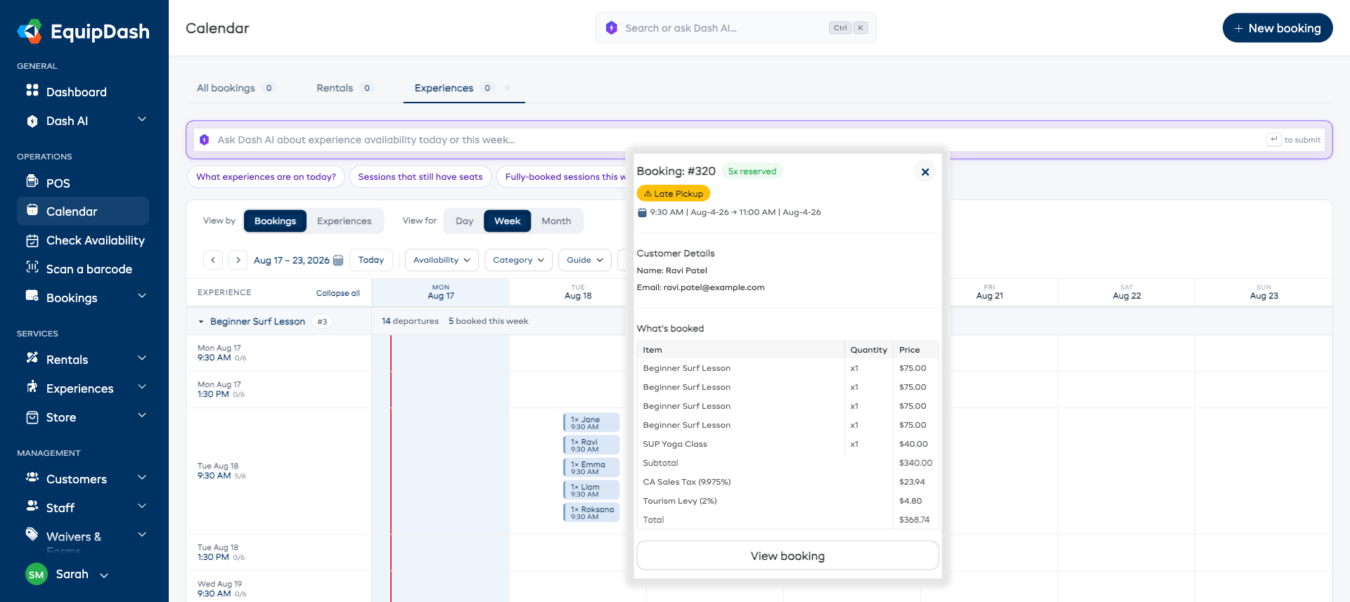 The booking card open beside a booking bar, showing the customer, what is booked, and the totals.
