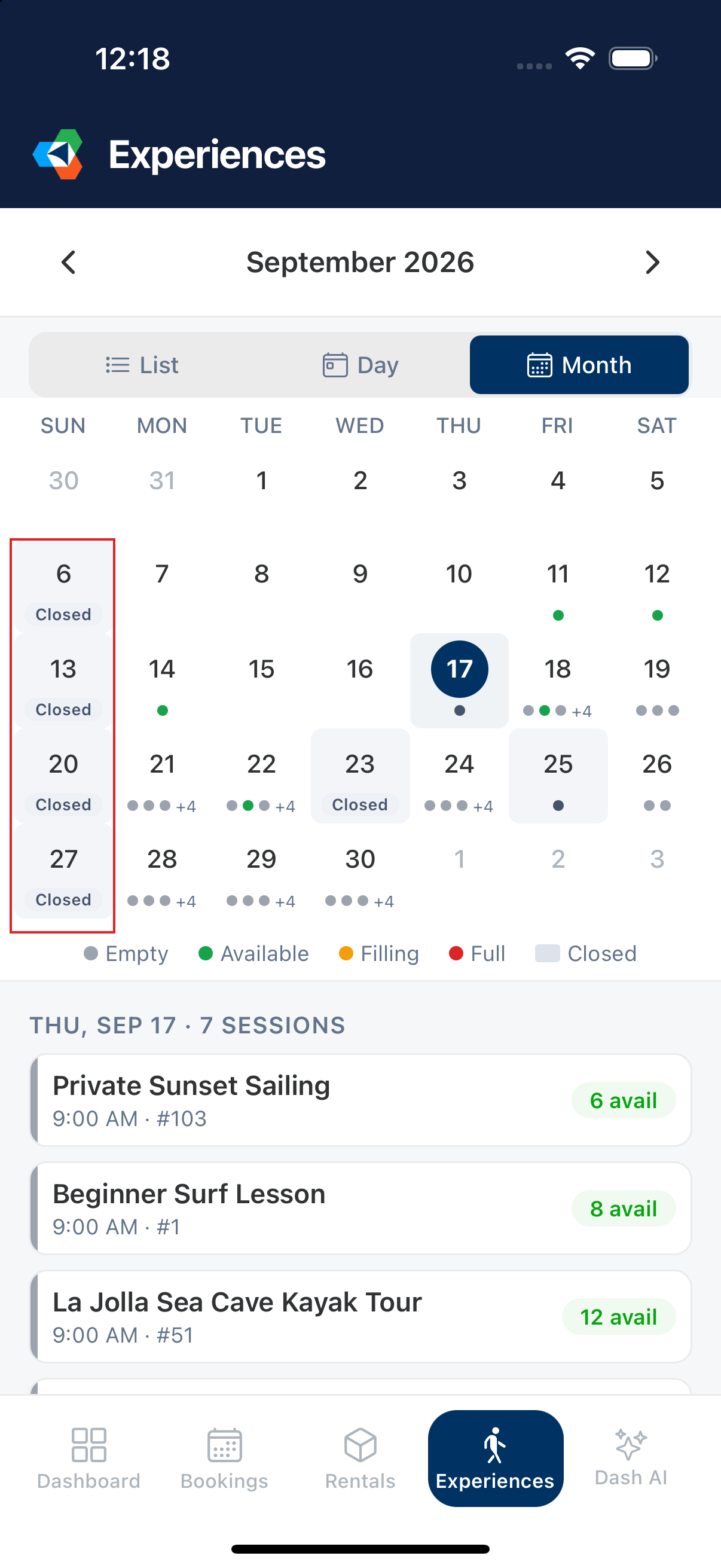 The Experiences calendar on the phone with closed days marked