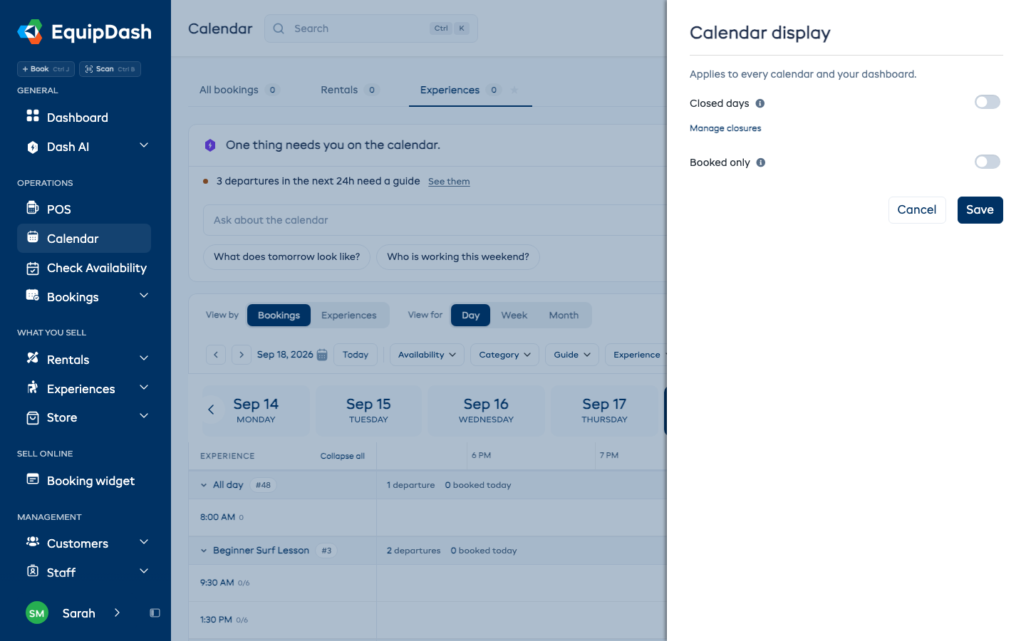 The Calendar display drawer with Closed days and Booked only