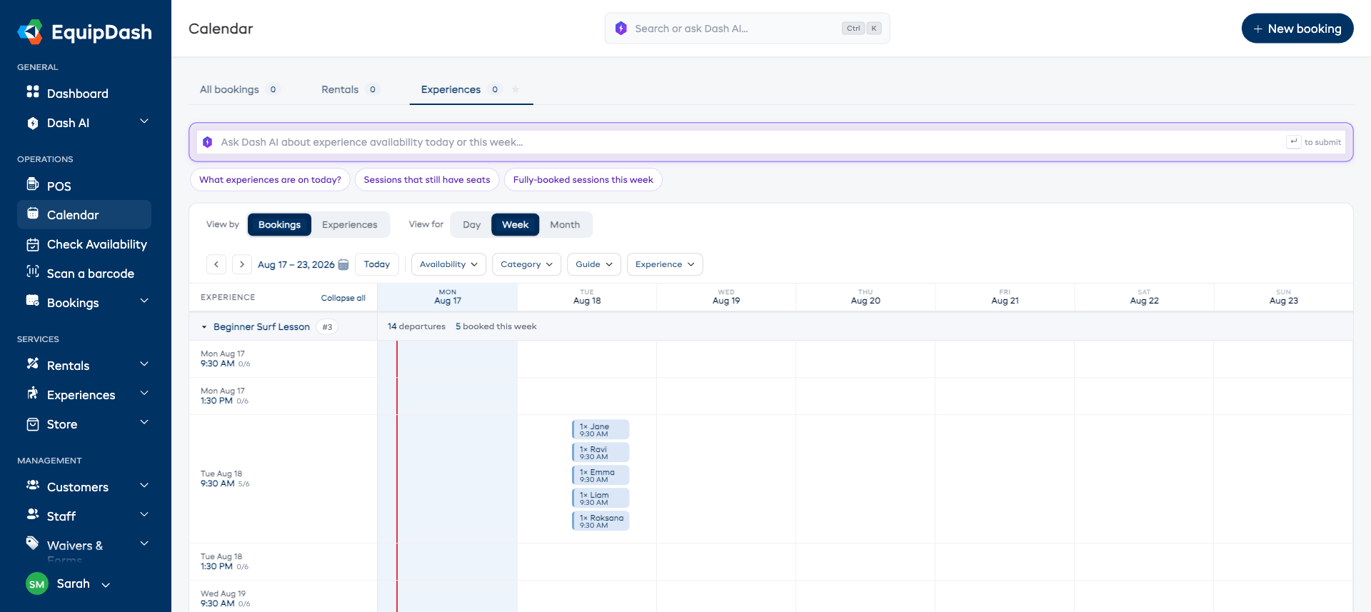 The Experiences tab showing bookings, one bar per person on each departure.