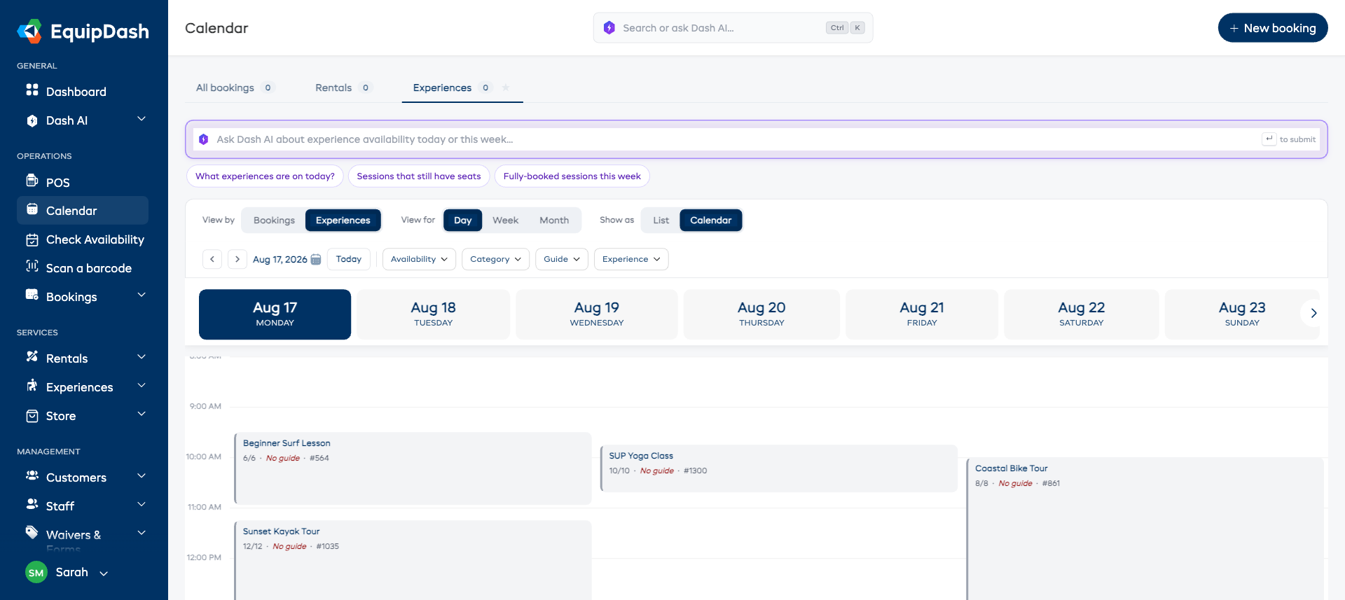 The Experiences tab as a day timeline, with the hours down the side and sessions as blocks.
