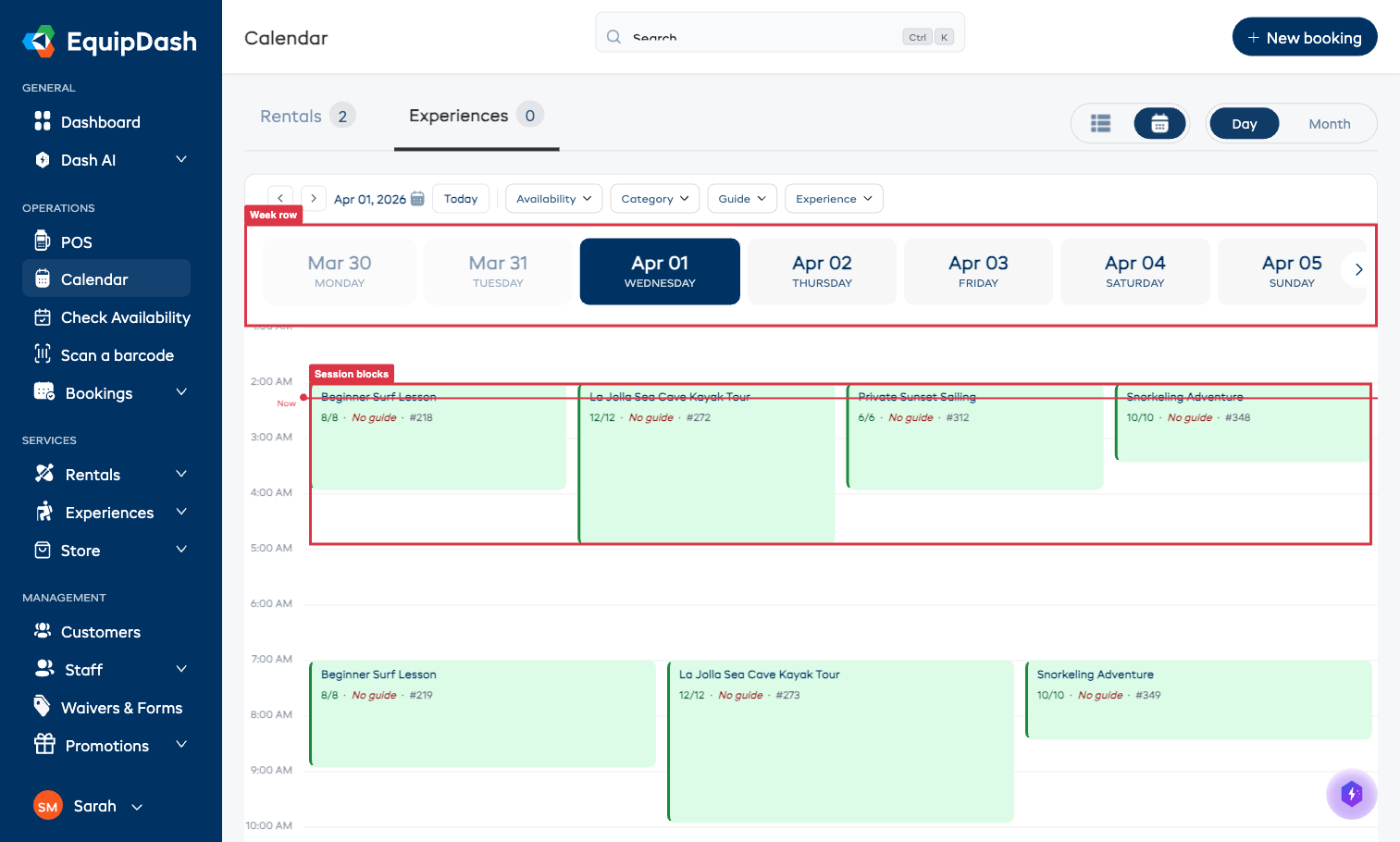 The experience calendar day view with the week row and vertical time axis.