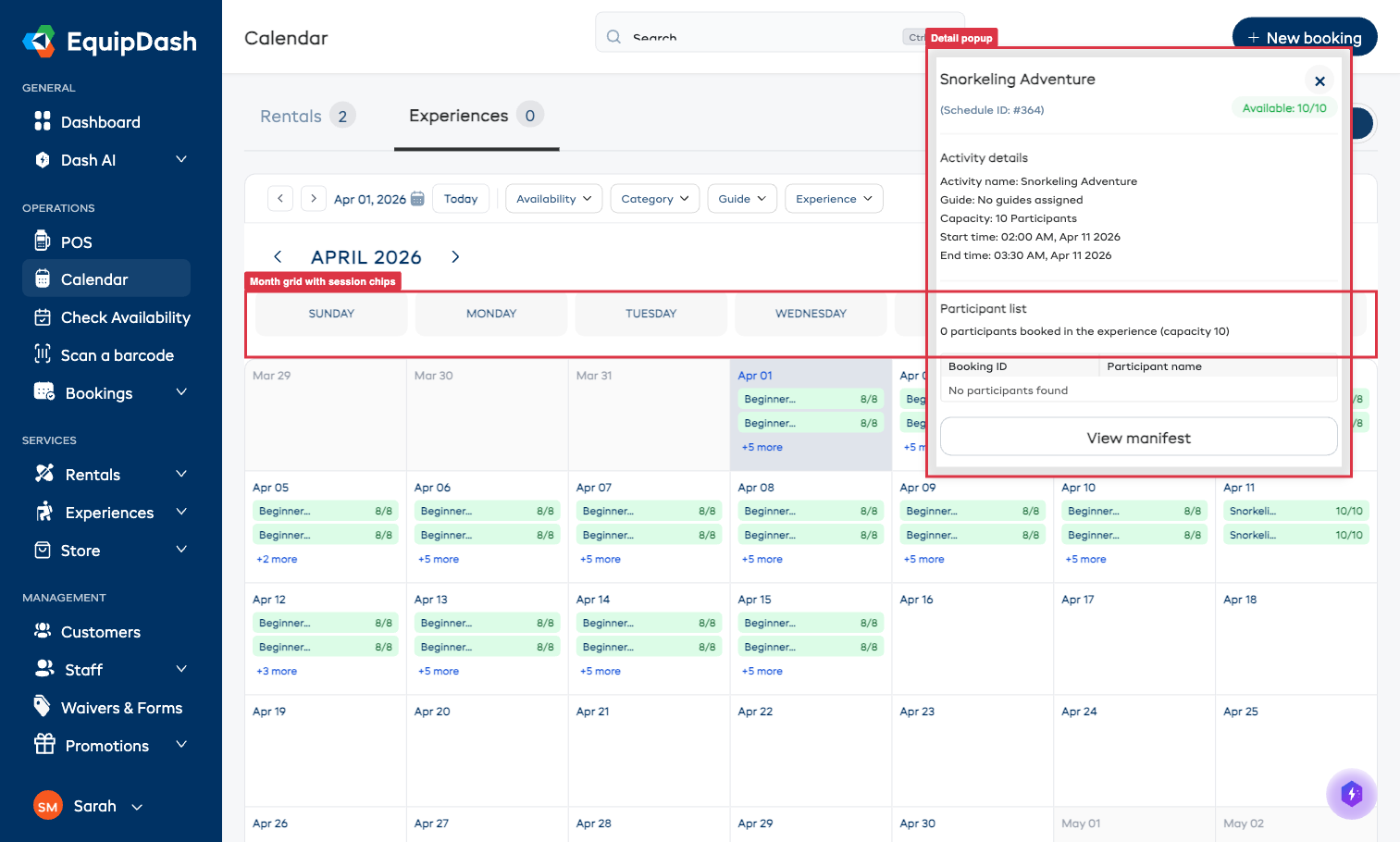 The experience calendar month view showing a traditional grid with session chips in date cells.