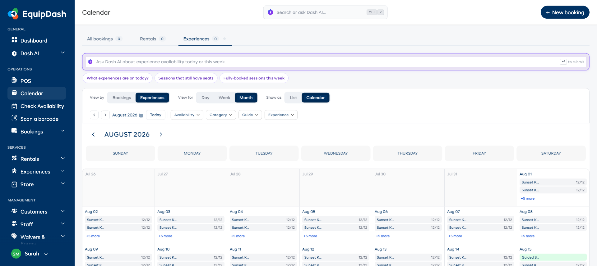 The Experiences tab as a month grid, with departures listed inside each date cell.