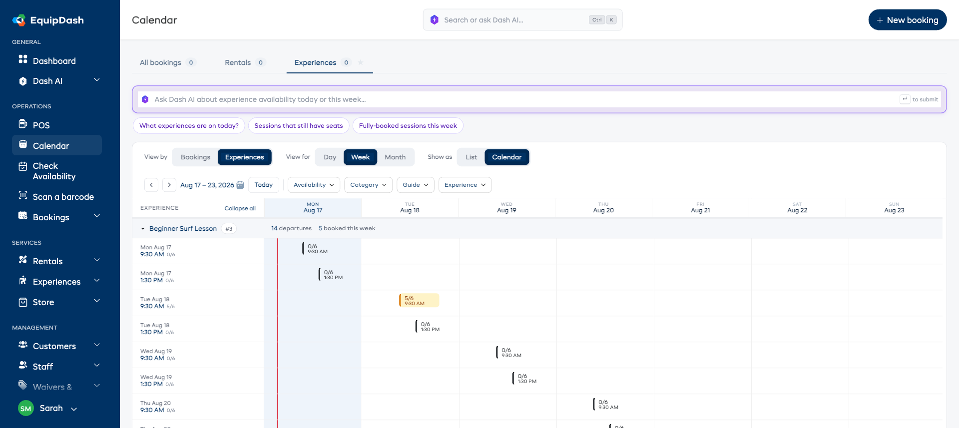 The Experiences tab in week view, with an experience row and its departures underneath.