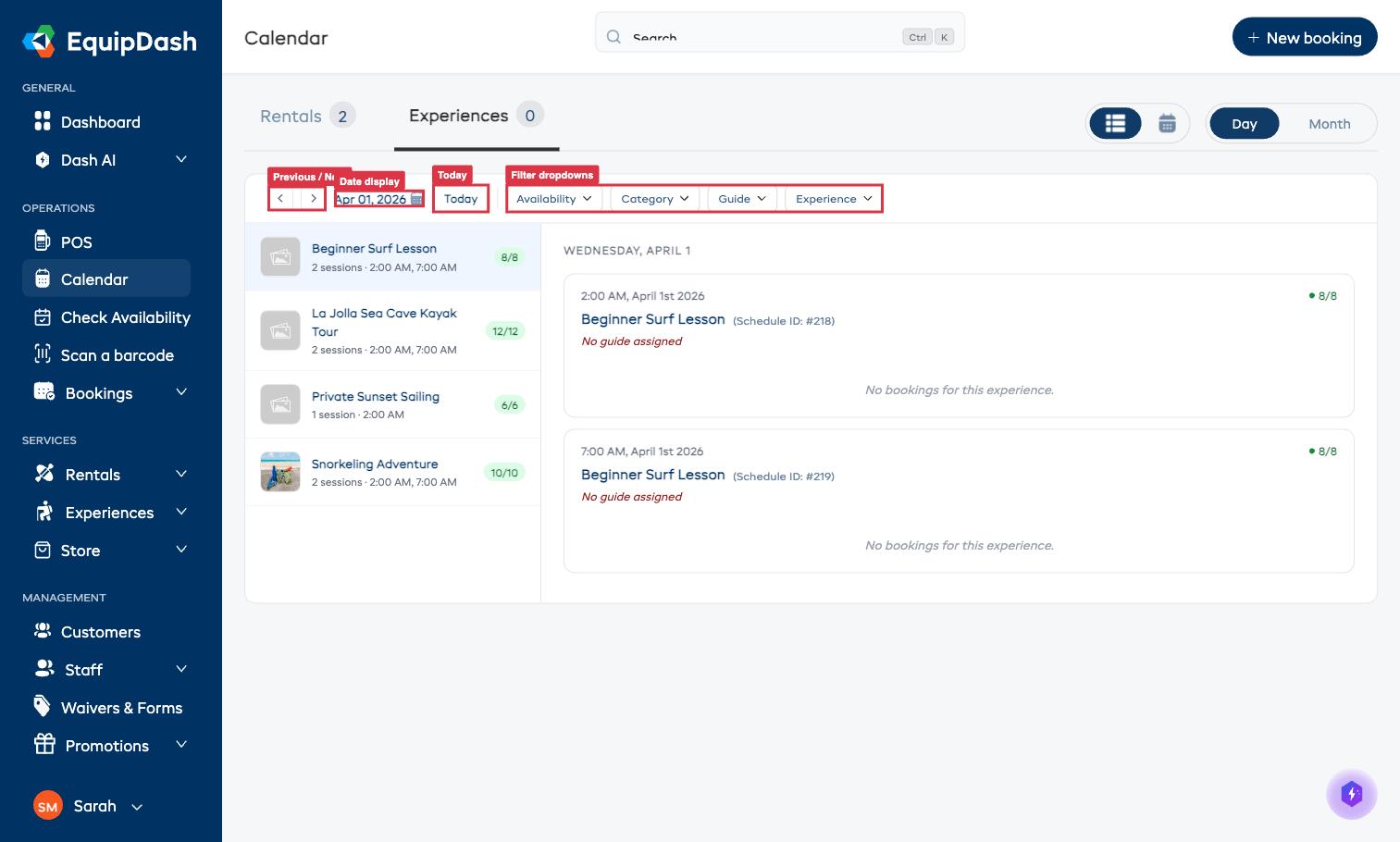 The experience calendar toolbar with date navigation and filter dropdowns.