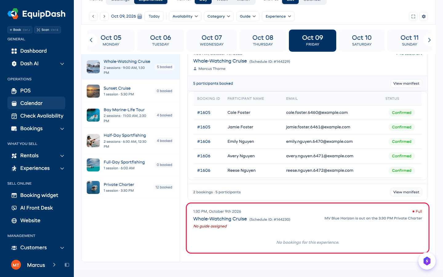 The Experiences tab in list view, with experiences on the left and their departures on the right.