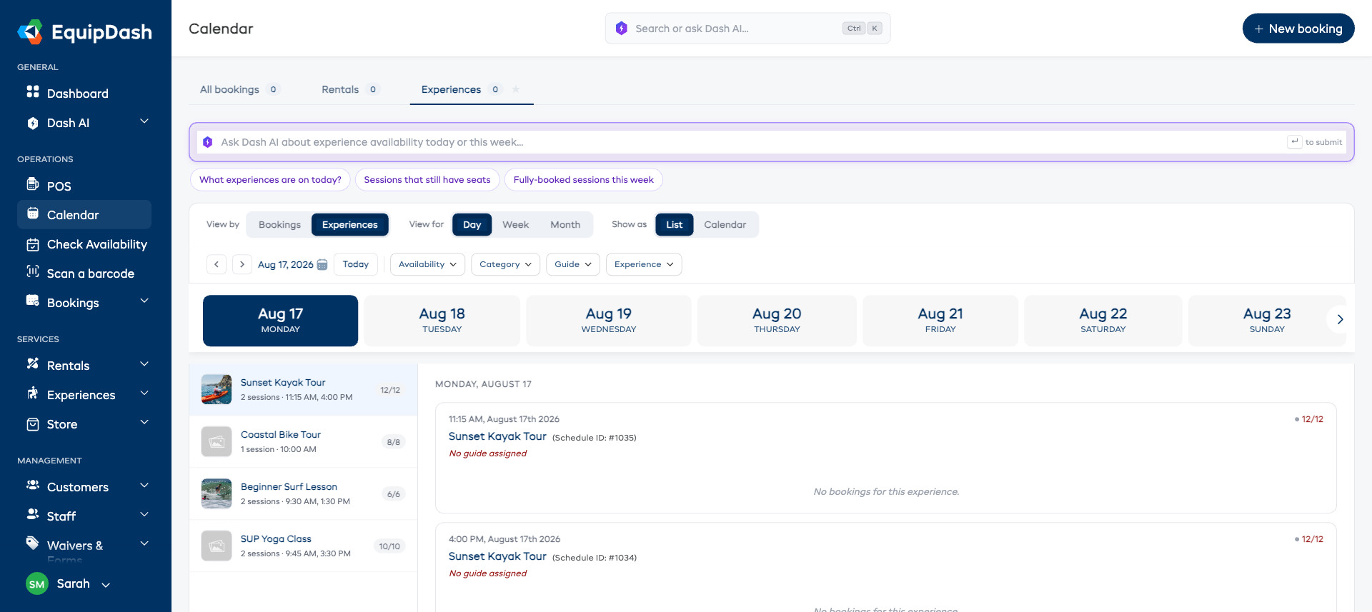 The Experiences tab in list view, with experiences on the left and their departures on the right.