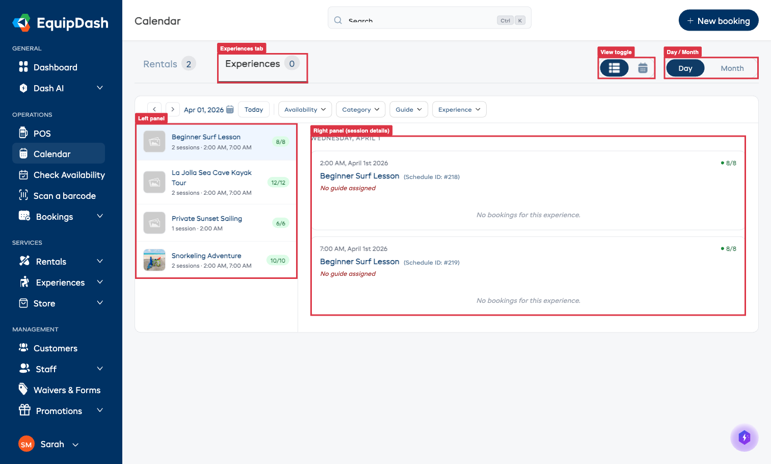 The experience calendar showing the list view with sessions grouped by experience and session cards on the right.